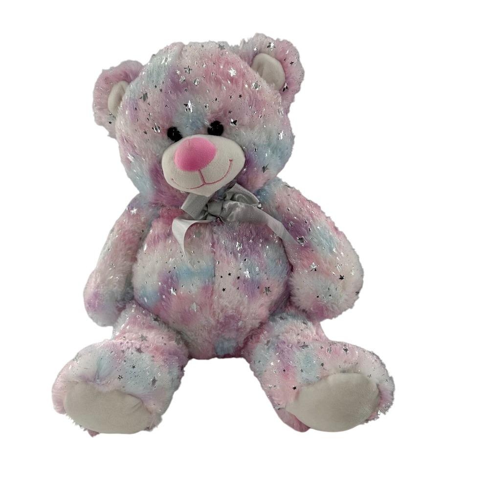 Walmart Colorful Sparkle Plush Teddy Bear silver Bow 18" Stuffed Animal Pastel
